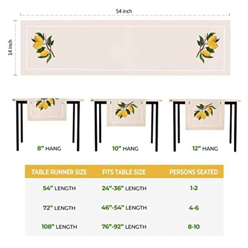 브리오 트렌드 테이블 러너 - 레몬 자수 디자인, 헴스티치 테두리가 있는 내추럴 베이지 - 가을 장식, 레몬 장식 - 전통 가족 모임을 위한 소박한 농가 스타일(길이 14 x 54인치)