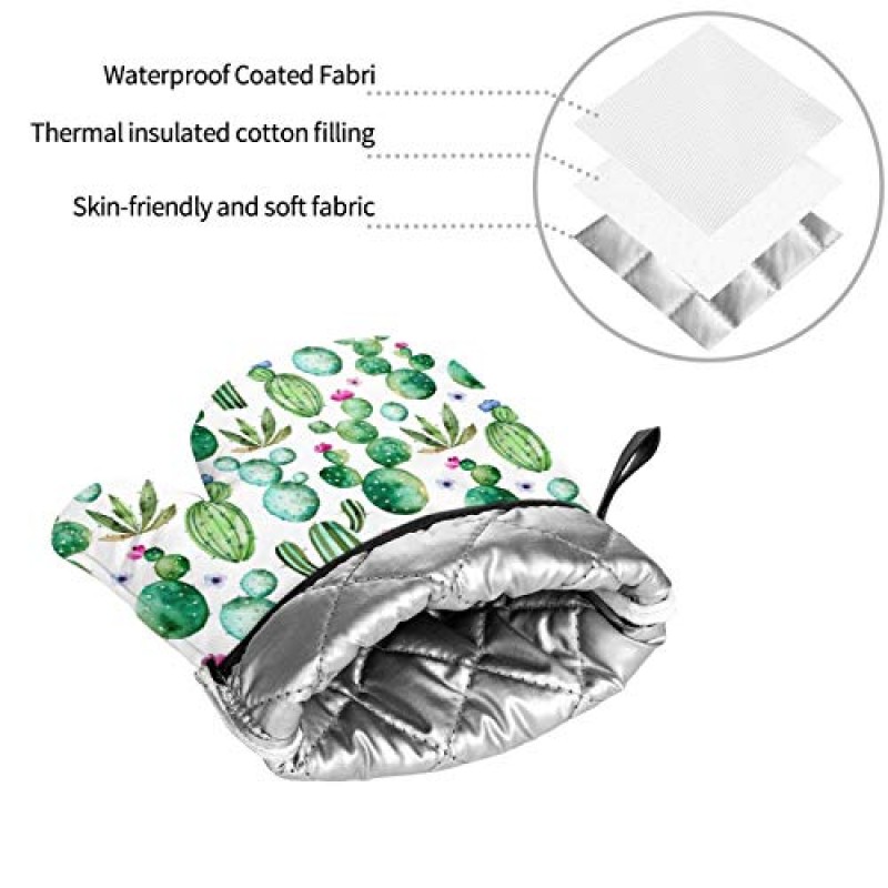 선인장 오븐 장갑 및 냄비 홀더 세트, 내열성 미끄럼 방지 주방 장갑 바베큐 베이킹 굽고 요리용 내부 면층이 있는 핫 패드