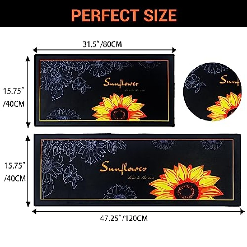 DALISHI 주방 러그 2개 세트, 농가 주방 러그, 해바라기 주방 매트, 주방 러그 및 매트 미끄럼 방지 세탁 가능 16 x 31.5인치 +16 x 47.3인치(해바라기)
