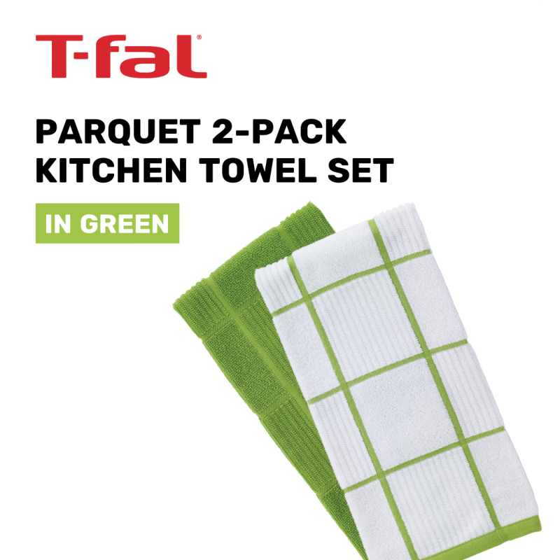 T-Fal Textiles 주방 타월 2팩 솔리드 & 체크 쪽모이 세공 마루, 솔리드/체크 - 2팩, 녹색, 2개