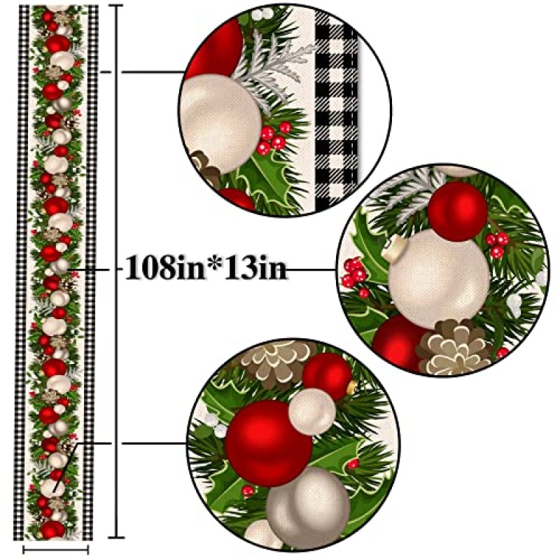 Nepnuser 흑백 깅엄 크리스마스 테이블 러너 108 인치 긴 버팔로 체크 격자 무늬 크리스마스 장식 휴일 홈 주방 장식
