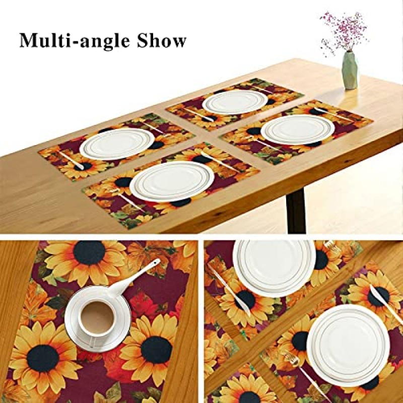 가을 해바라기 Placemats 식탁 주방 여름 계절 장식 12x18 인치를위한 빨간색 빈티지 꽃 테이블 매트 4 개 세트