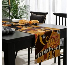 LeoHome 아프리카 흑인 여성 코튼 린넨 직사각형 테이블 러너 16'x72', 코끼리와 기린 웨딩 파티 연회 저녁 식사 장식을위한 럭셔리 테이블 러너