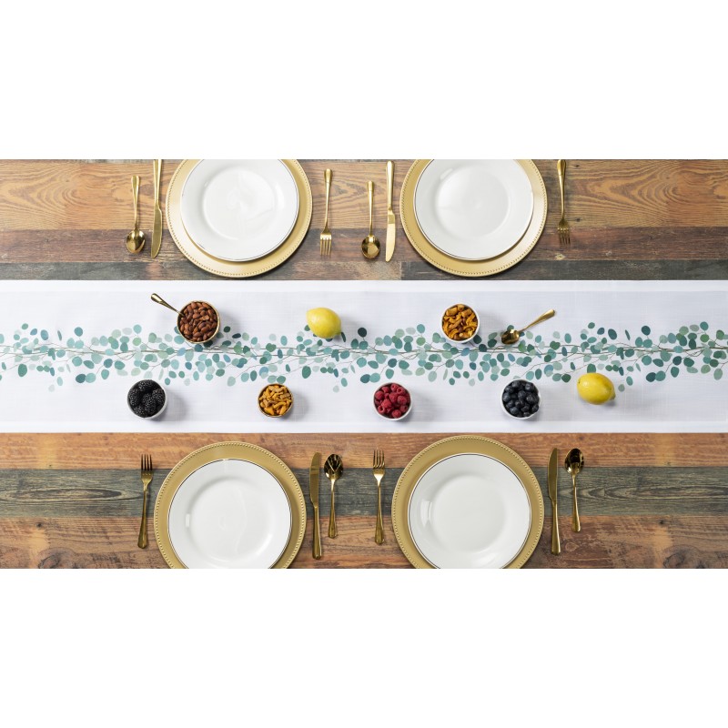 Brio Trends Boho Decor Greenery 테이블 러너 - 가을을 위한 유칼립투스 화환 프린트가 있는 농가 주방 장식, 가을 테이블 장식, 특별한 경우 - 녹색 잎이 있는 흰색, (길이 13 x 108인치)