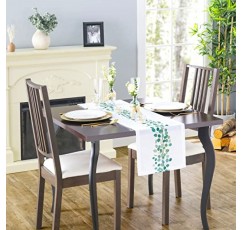 Brio Trends Boho Decor Greenery 테이블 러너 - 가을을 위한 유칼립투스 화환 프린트가 있는 농가 주방 장식, 가을 테이블 장식, 특별한 경우 - 녹색 잎이 있는 흰색, (길이 13 x 108인치)