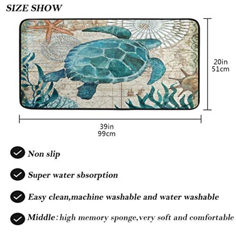 바다 거북 복고풍지도 주방 러그 매트 해상 바다 해안 욕실 바닥 러너 매트 미끄럼 방지 도어 매트 실내 출입구 복도 도어 매트 환영 러너 러그 빨 수있는 홈 장식 39 X 20 인치