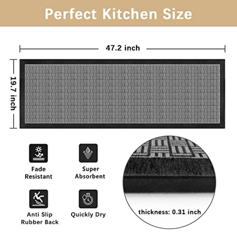 빨 수 있는 주방 러그, 쿠션이 있는 피로 방지 주방 매트, 주방용 편안한 주방 매트 및 러그, 사무실, 가정, 세탁실, 주방 매트용 흡수성 주방 러너 러그 검정색 20