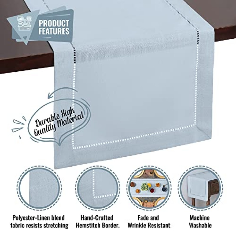 Brio Trends 가을 테이블 러너, 더스티 블루 헴스티치 테이블 러너 농가 장식에 적합 - 연한 파란색 테이블 러너 블루 주방 장식에 적합 - Camino De Mesa Azul - (길이 14 x 54인치)