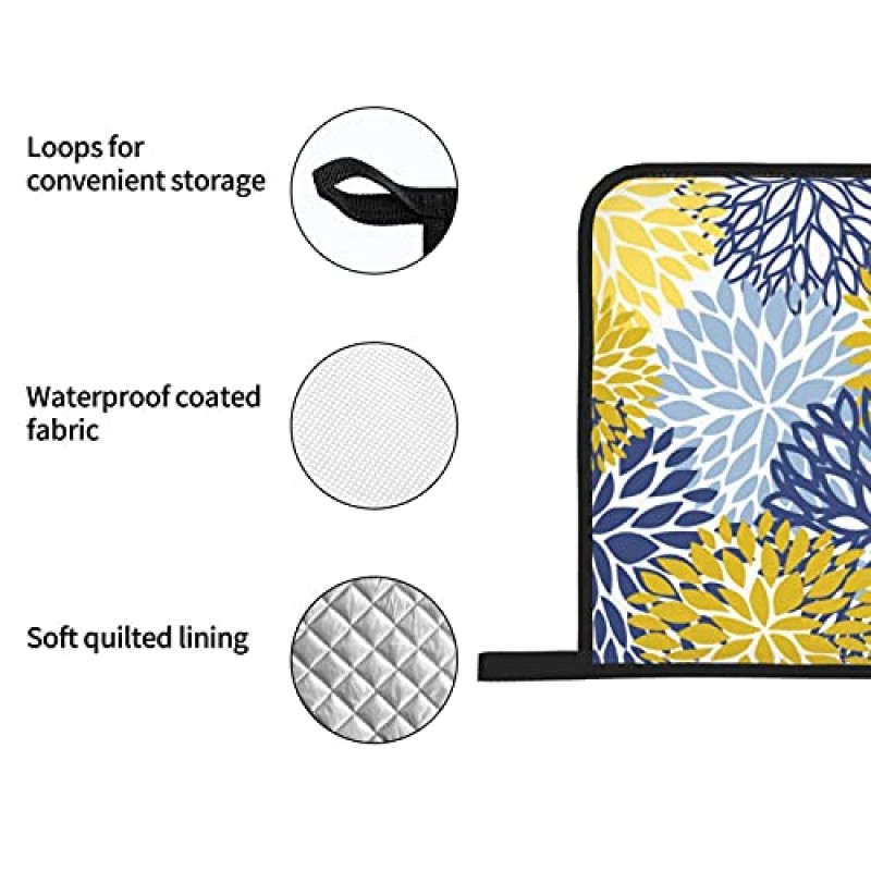 노란 꽃 오븐 장갑 및 냄비 홀더 세트 4개 세트, 내열성 달리아 핀나타 네이비 꽃 청록색 오븐 장갑 주방 요리 베이킹 바베큐용 핫 패드