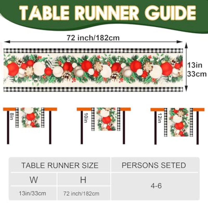 Ajmyonsp 크리스마스 테이블 러너 크리스마스 공 겨울 테이블 러너, 크리스마스 농가 파티 장식 휴일 홈 주방 다이닝 룸 장식 (72In x 13In, Black)