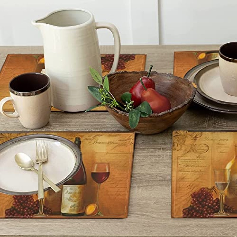 4 Pcs 빈티지 와인 유리 Placemats, 테이블 매트 주방 및 식탁 장식을위한 빨 수있는 열 실내 야외 저녁 식사 파티 장식 (12 