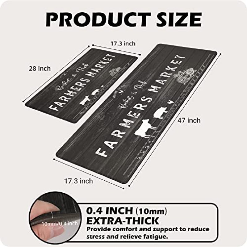 Chiinvent 농가 주방 러그 2 조각 암소 소박한 농장 장식 피로 방지 주방 매트 미끄럼 방지 컴포트 스탠딩 주방 러그 및 매트 주방 싱크 사무실 세탁실, 17.3x28+17.3x47 블랙 세트
