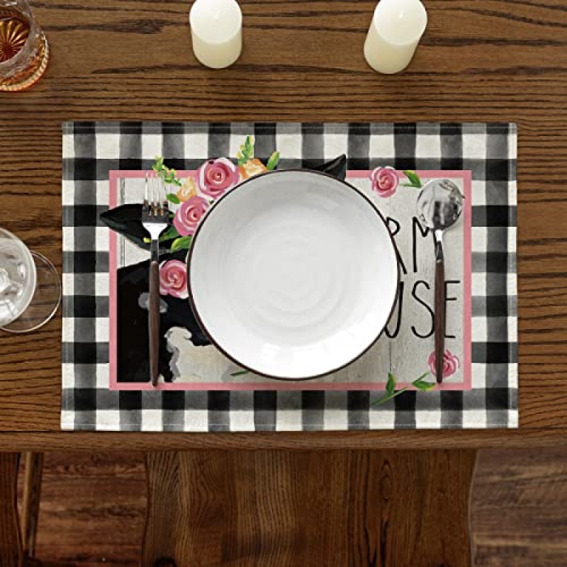 Artoid 모드 버팔로 격자 무늬 암소 농장 Placemats 파티 주방 식사 장식을위한 4, 12x18 계절 테이블 매트 세트