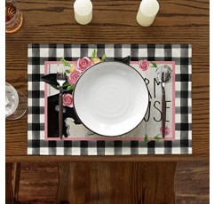 Artoid 모드 버팔로 격자 무늬 암소 농장 Placemats 파티 주방 식사 장식을위한 4, 12x18 계절 테이블 매트 세트