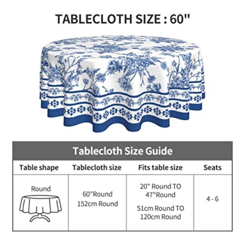 Sweetshow 진한 파란색 꽃 식탁보 소박한 빈티지 파란색과 흰색 라운드 식탁보 60 인치 국가 프랑스 테이블 천 휴일 파티를위한 농가 식탁 거실 주방 장식