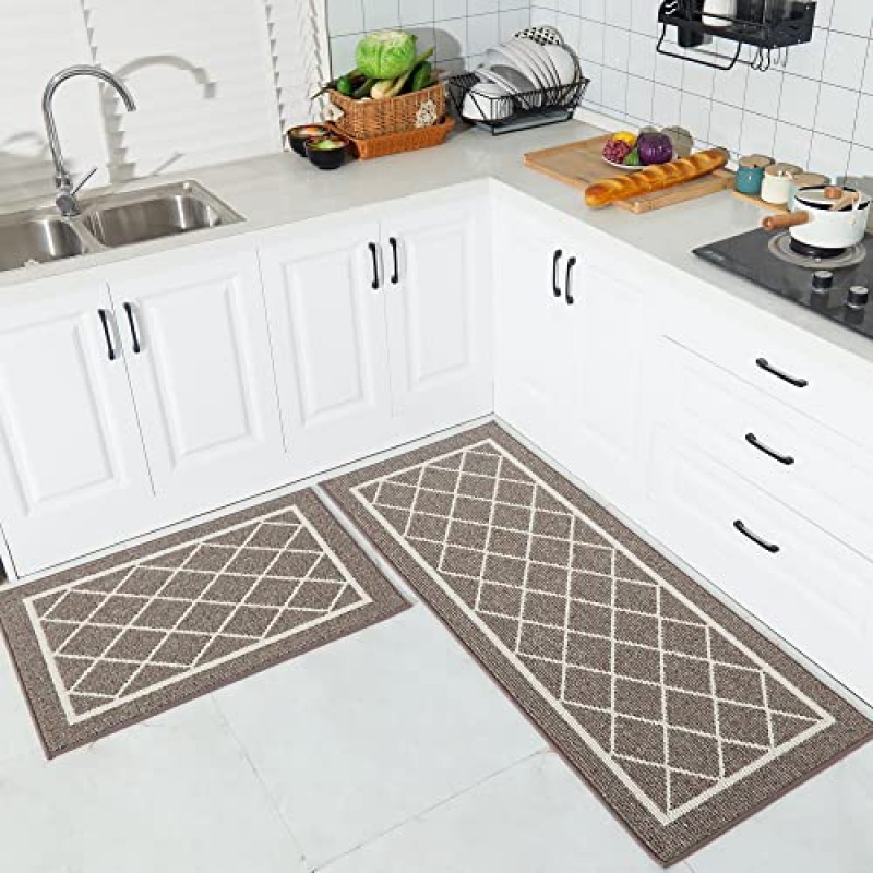 BEQHAUSE-Kitchen-Rugs-Non-Slip-Kitchen-Mats-for-Floor 2개 주방 러그 및 매트 TPR 뒷면, 브라운, 24x35인치/24x60인치 미끄럼 방지 세탁 가능 주방 러너 카펫