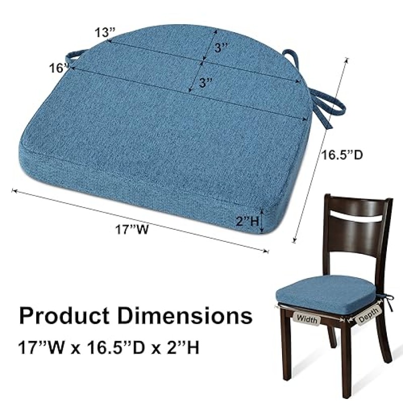 Shinnwa 의자 쿠션(다이닝 의자용 끈 포함) [17 x 16.5인치] 미끄럼 방지 주방 다이닝 의자 패드 및 시트 쿠션(세탁 가능 커버 4개 세트 - 블루)