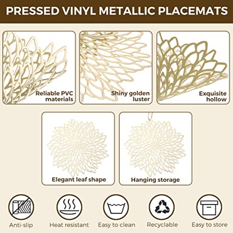 라운드 프레스 비닐 플레이스 매트 금속 속이 빈 잎 꽃 테이블 매트 휴일 파티 리셉션을위한 장식 웨딩 악센트 센터 피스 플레이스 매트 홈 주방 식탁 (골드, 80)