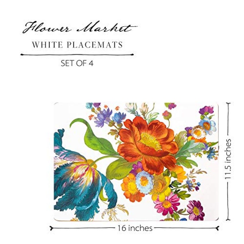 MacKenzie-Childs Flower Market Placemats in White, Hard-Finish Washable Table Mat, 4개 세트