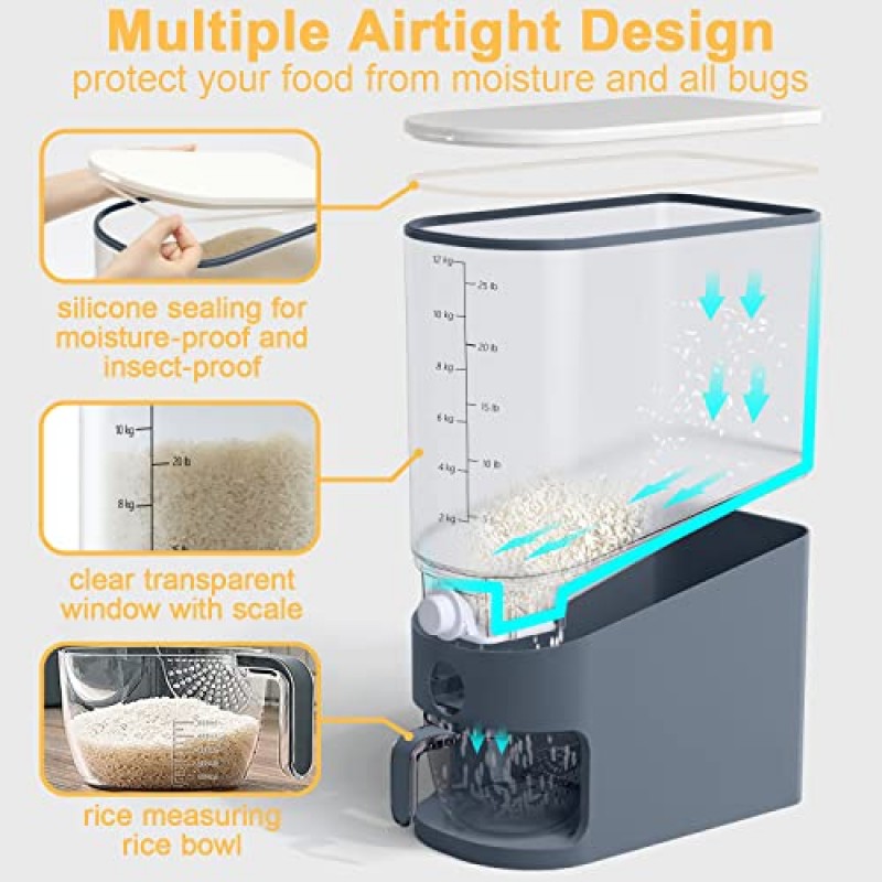Tomus-UNI 26.5파운드 쌀 디스펜서, 계량 컵이 포함된 대형 밀봉 통합 곡물 저장 용기, 쌀, 콩, 소형 건조 식품용 식품 디스펜서 주방 정리