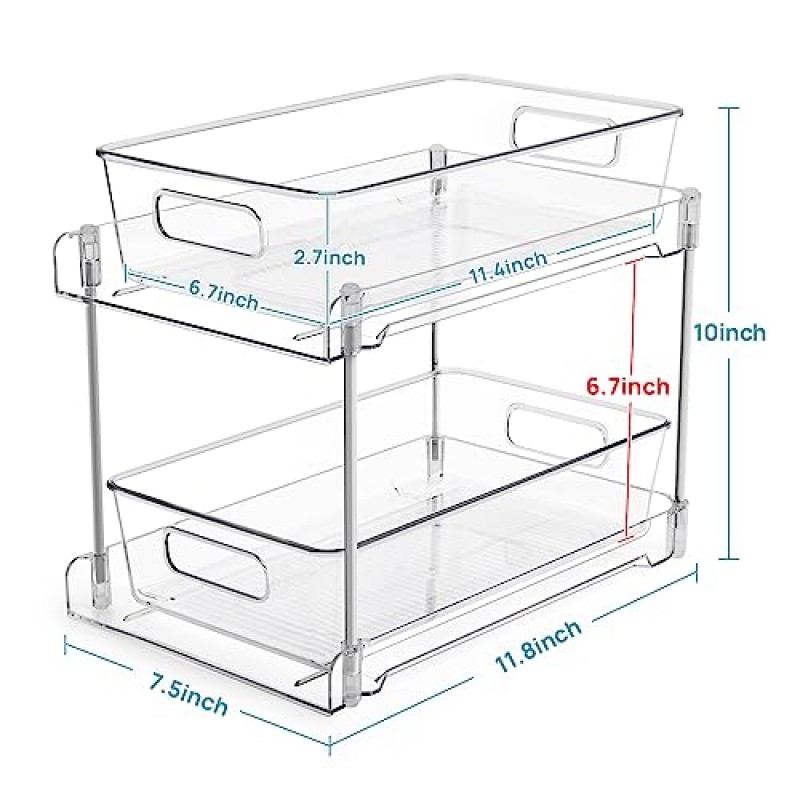 Vtopmart 2단 욕실 수납 정리함, 2팩 투명 싱크대 정리대 세면대 보관 용기, 의약품 캐비닛 서랍통, 식료품 저장실용 트랙이 있는 풀아웃 정리, 주방