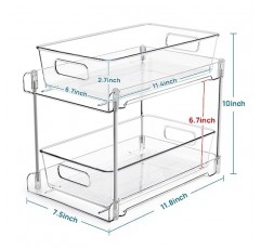 Vtopmart 2단 욕실 수납 정리함, 2팩 투명 싱크대 정리대 세면대 보관 용기, 의약품 캐비닛 서랍통, 식료품 저장실용 트랙이 있는 풀아웃 정리, 주방