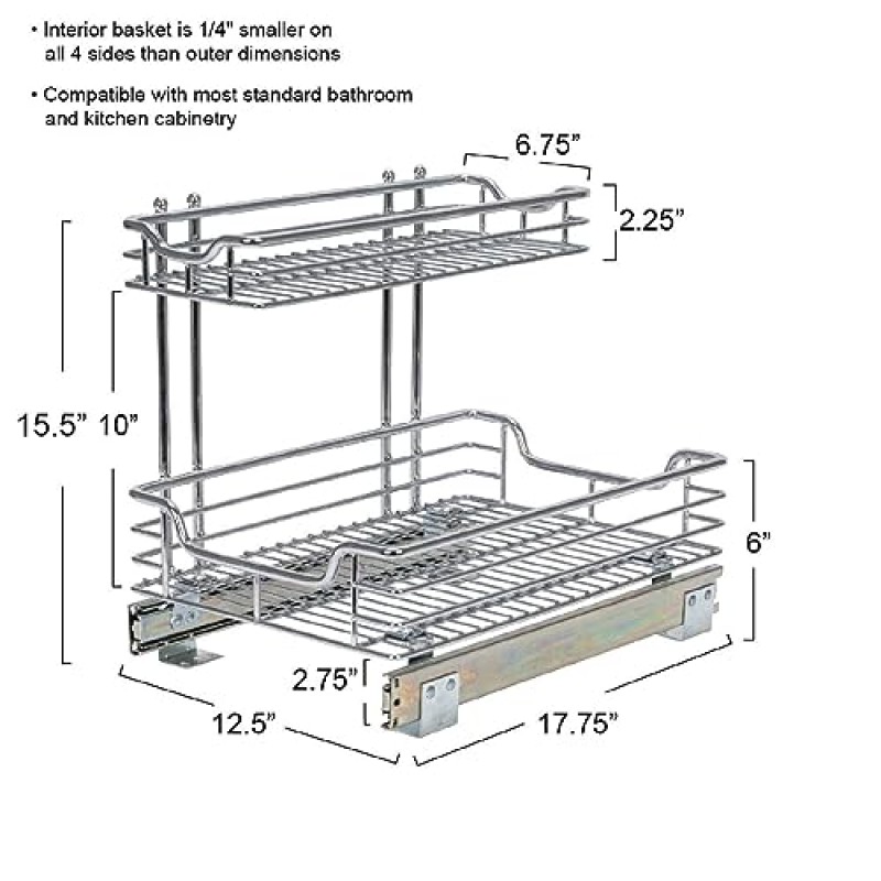 가정용 필수품 Glidez 싱크대 밑 또는 캐비닛 아래 사용을 위한 다용도 크롬 도금 강철 풀아웃/슬라이드아웃 수납 정리함 - 2단 디자인 - 표준 크기 캐비닛 또는 선반, 크롬에 적합