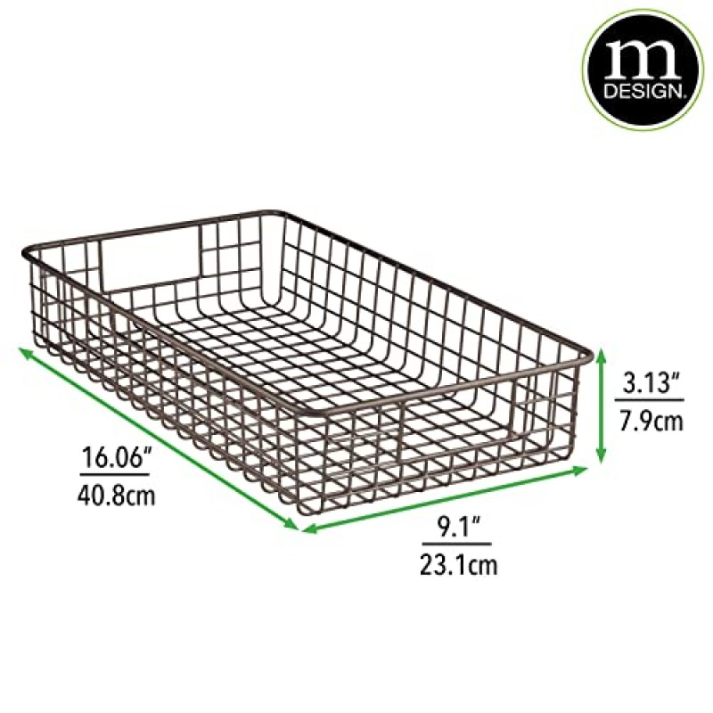 mDesign 금속 와이어 식품 보관 주방 캐비닛, 카운터, 식료품 저장실 선반 정리용 손잡이가 있는 얕은 빈 바구니 - 스낵, 음료에 적합 - 콘체르토 컬렉션 - 2 팩 - 브론즈