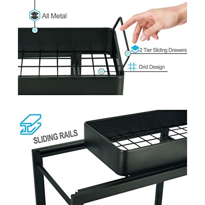 금속 언더싱크 정리함 및 주방용 보관함 욕실용 언더싱크 정리함 2단 풀아웃 슬라이딩 서랍 녹슬지 않는 코팅 손잡이가 있는 언더싱크 캐비닛 정리함 블랙