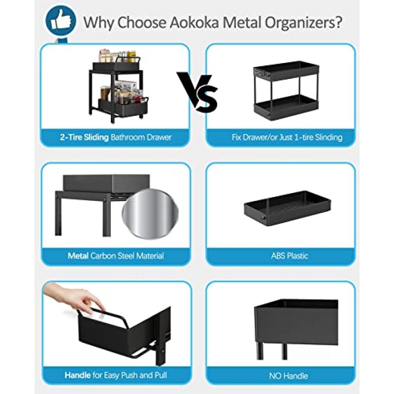 금속 언더싱크 정리함 및 주방용 보관함 욕실용 언더싱크 정리함 2단 풀아웃 슬라이딩 서랍 녹슬지 않는 코팅 손잡이가 있는 언더싱크 캐비닛 정리함 블랙