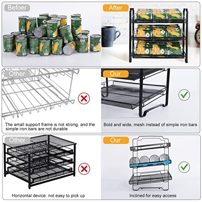 식료품 저장실용 BTideas 캔 정리함, 3단 쌓을 수 있는 캔 랙 정리함, 식료품 저장실용 통조림 정리함, 주방 캐비닛 또는 식료품 저장실용 최대 36개 캔 보관 가능