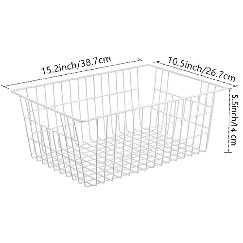 Redrubbit 와이어 보관 바구니, 주방 캐비닛, 식품 저장실, 옷장, 침실, 욕실, 4개 세트, 흰색용 손잡이가 있는 대형 농가 금속 냉동고 바구니 보관 정리함