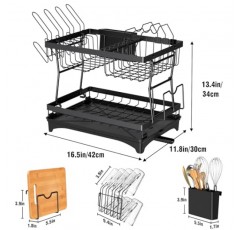 PKBD 녹슬지 않는 접시 건조 랙, 배수판이 있는 2단 접시 랙, 컵 홀더, 분리형 접시 배수구 기구 홀더 세트가 있는 선반 정리, 주방 카운터용 대형 접시 랙, 검정색