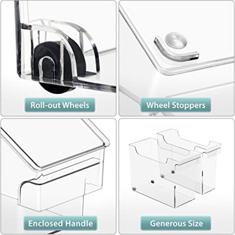소르버스 롤아웃 병 정리함 - 2개 크기 싱크대 밑 식료품 저장실 바퀴 및 손잡이가 있는 정리함 - 청소 용품용 투명 플라스틱 정리 용기 - 주방 캐비닛 세탁실 보관함