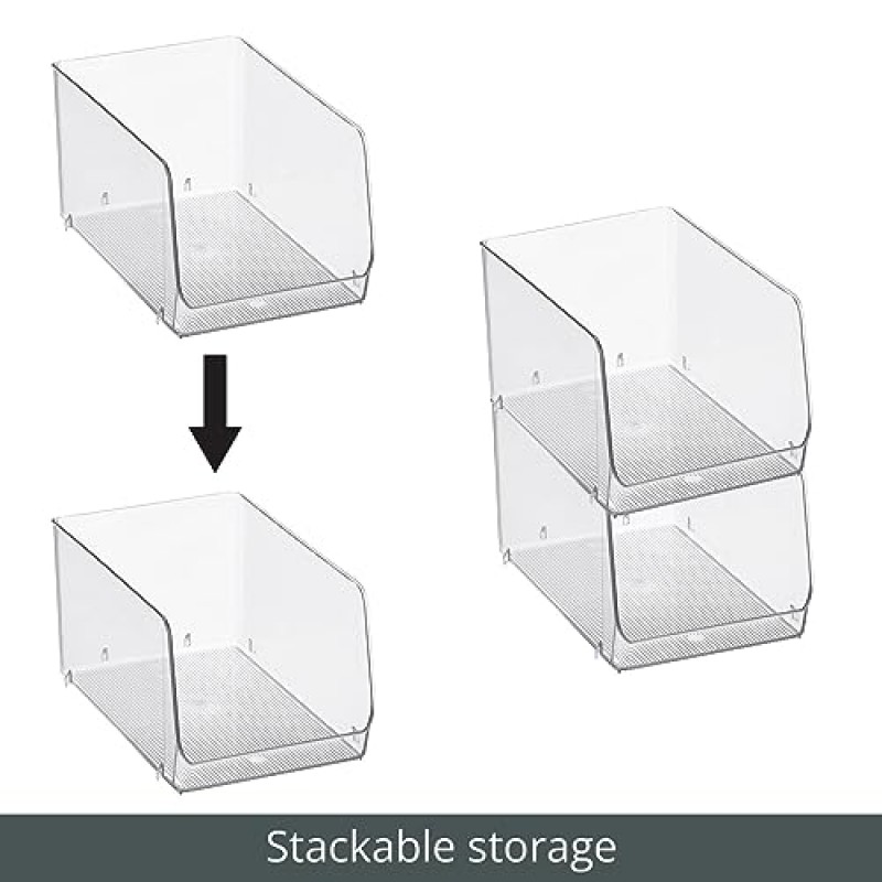 mDesign 가정용 주방 캐비닛, 식료품 저장실, 사무실, 옷장, 침실, 욕실 - 7.7인치 너비, 4팩 - 투명을 위한 전면 개방형 쌓을 수 있는 플라스틱 식품 보관 정리함 바구니