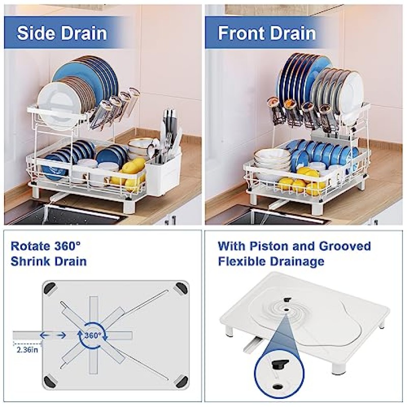 MOUKABAL 흰색 접시 건조 랙 - 주방 카운터용 내구성 있는 대형 접시 랙, 배수판이 있는 접시 배수구, 주방 정리 및 Pioneer 여성용 주방 액세서리용 보관함(2단)
