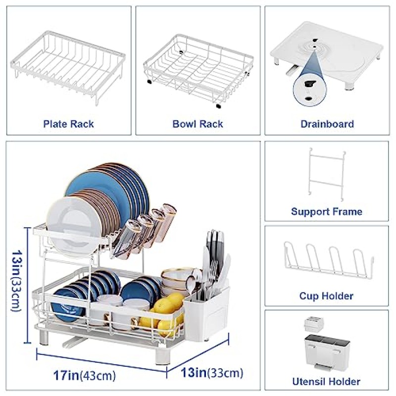 MOUKABAL 흰색 접시 건조 랙 - 주방 카운터용 내구성 있는 대형 접시 랙, 배수판이 있는 접시 배수구, 주방 정리 및 Pioneer 여성용 주방 액세서리용 보관함(2단)