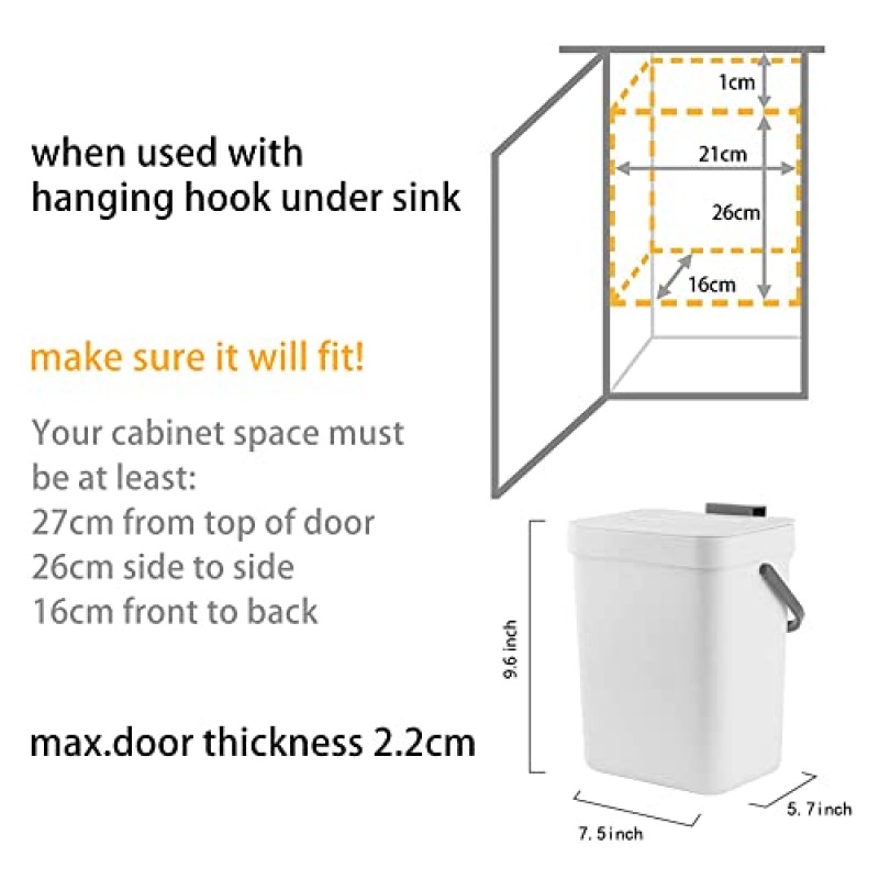 StoneSpace 주방 조리대용 퇴비통, 주방 욕실용 싱크대 아래에 뚜껑이 있는 작은 쓰레기통 걸기, 장착형 퇴비 통, 검정색