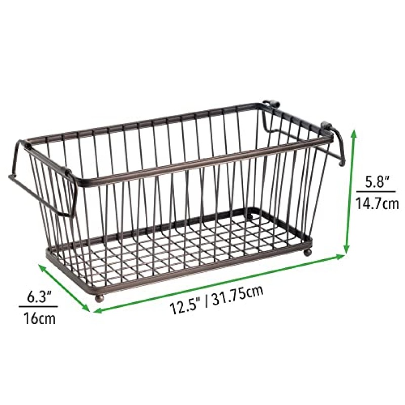 mDesign 가정용 쌓을 수 있는 금속 와이어 보관 정리함 주방 캐비닛, 식료품 저장실, 옷장, 침실, 욕실용 손잡이가 내장된 바구니 - 폭 12.5인치, 6팩 - 브론즈