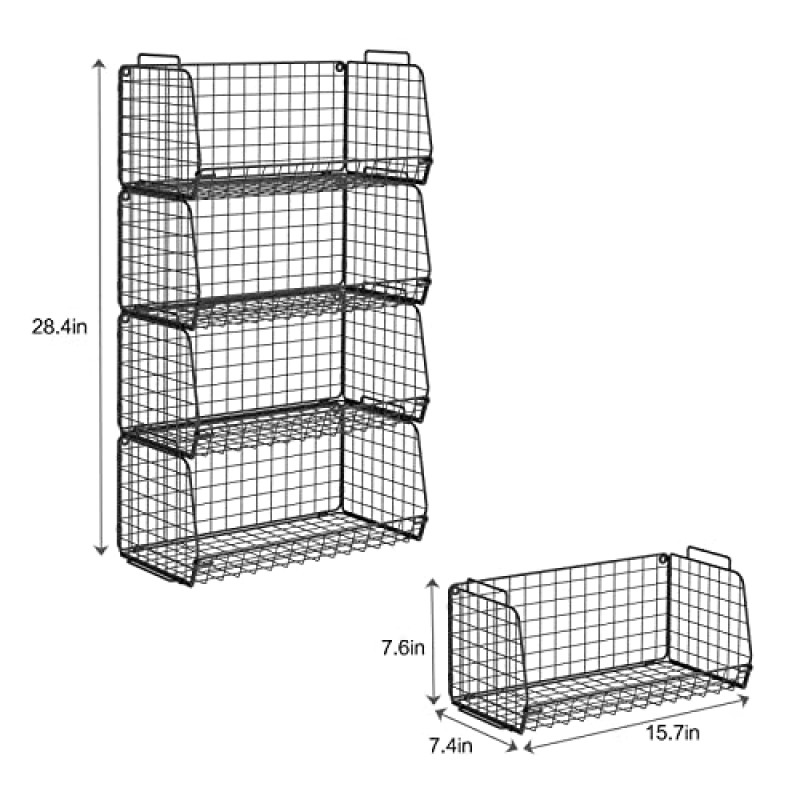 4팩 초대형 쌓을 수 있는 철망 바구니, 식료품 저장실 정리 및 보관, 정리용 철망 바구니, 조리대 스낵 칩 캔 정리함, 캐비닛, 주방, 옷장, 침실용 가정용 보관함