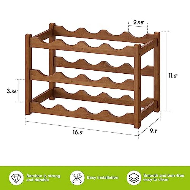 BMOSU 대나무 와인 랙 와인 보관 캐비닛 선반 12병 와인 랙 수조 주방 다이닝 룸 식료품 저장실을 위한 견고하고 내구성 - 3단 와인 랙(갈색)