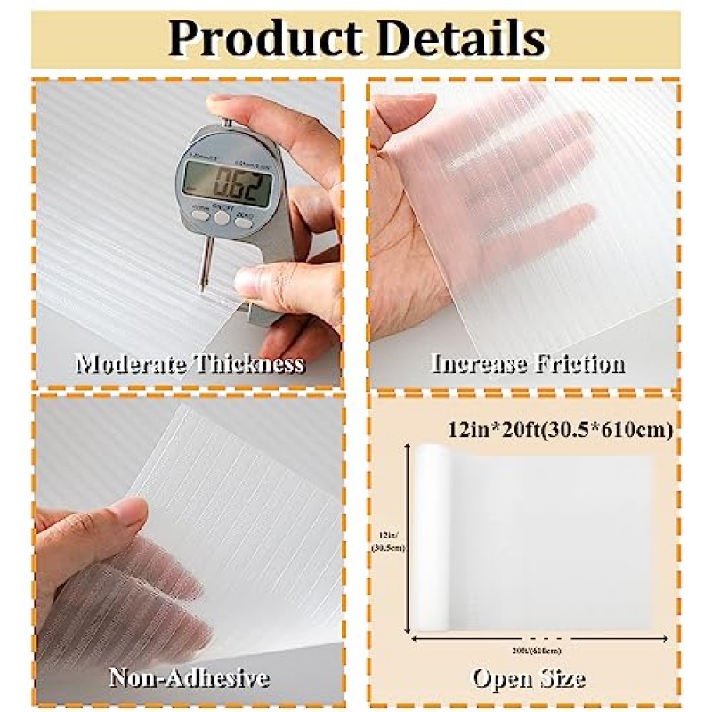 선반 라이너, wohomuke 12인치 x 20피트 주방 캐비닛용 선반 라이너 붙지 않는 선반 라이닝 서랍 매트 찬장용 EVA 보호 장치(투명 스트라이프, 12인치 x 20피트)