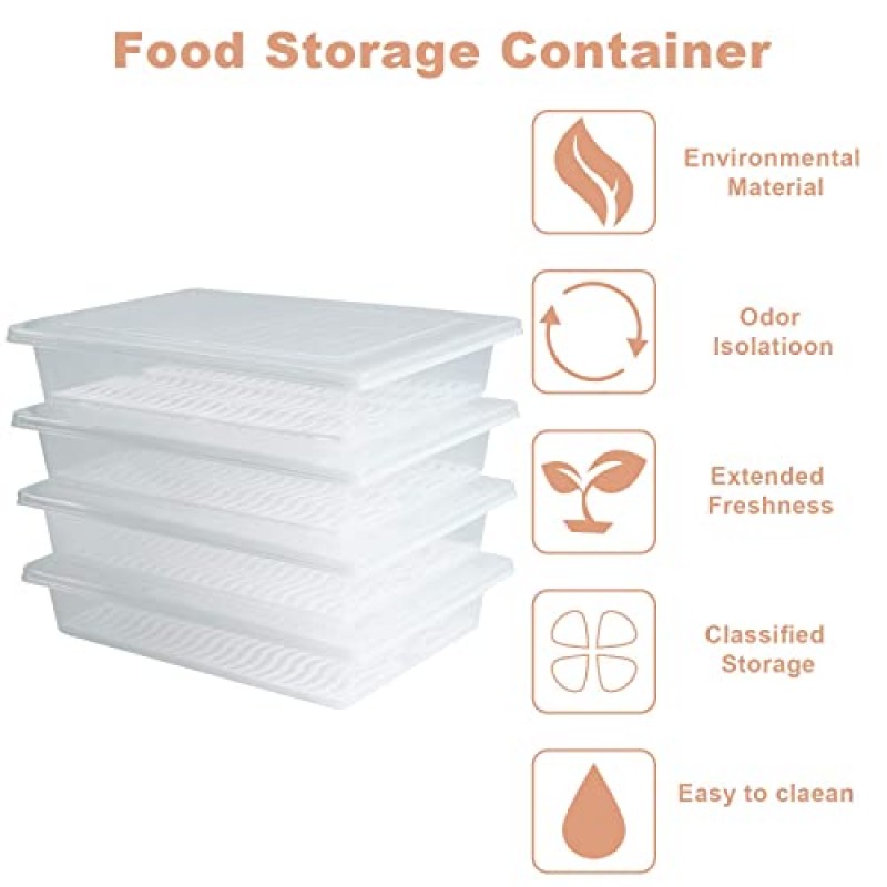 Yiautao 식품 보관 용기, 탈착식 배수판과 뚜껑이 있는 플라스틱 식품 용기, 쌓을 수 있는 휴대용 냉동고 보관 용기 - 과일, 야채, 고기 등을 보관할 수 있는 트레이(4,대형)