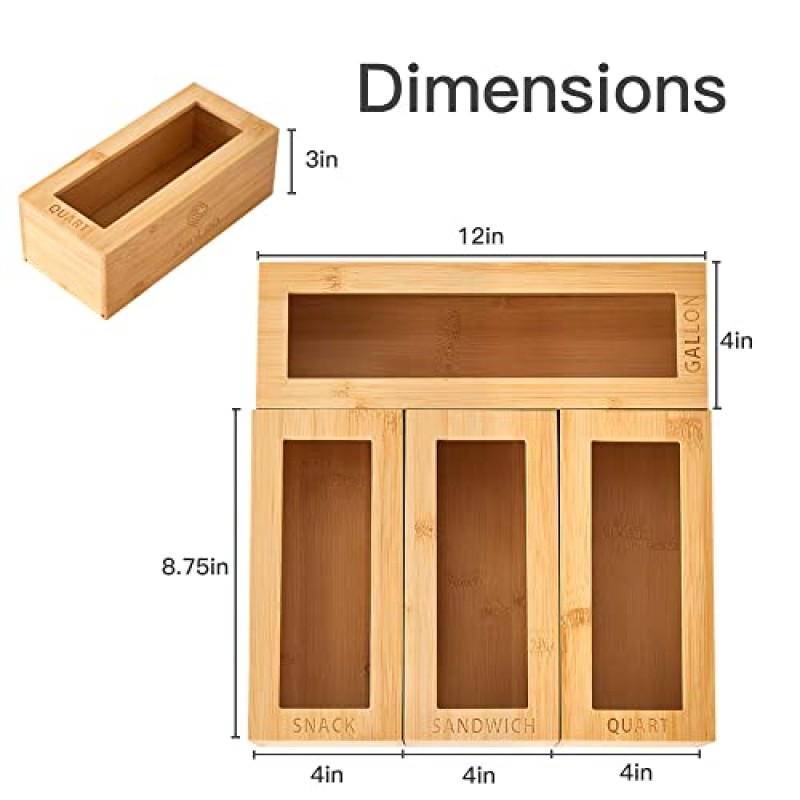 Zzen 대나무 가방 보관 정리함 - 대나무 식품 플라스틱 가방 홀더, 주방 서랍 및 캐비닛용 디스펜서 및 컨테이너 - 지플락 및 지퍼락 갤런, 쿼트, 샌드위치에 적합
