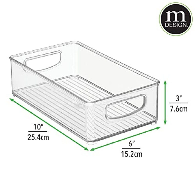 mDesign 플라스틱 주방 식료품 저장실 캐비닛, 냉장고 또는 냉동고 손잡이가 있는 식품 보관함 - 과일, 요구르트, 스낵, 파스타용 정리함 - 식품 안전, BPA 없음, 길이 10인치 - 4팩, 투명