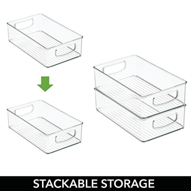 mDesign 플라스틱 주방 식료품 저장실 캐비닛, 냉장고 또는 냉동고 손잡이가 있는 식품 보관함 - 과일, 요구르트, 스낵, 파스타용 정리함 - 식품 안전, BPA 없음, 길이 10인치 - 4팩, 투명