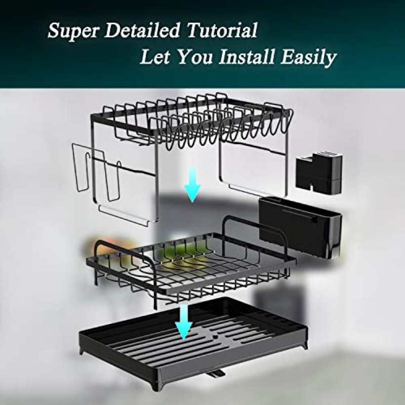 Richenad 대형 다기능 2층 주방 조리대 접시 여과기 및 필터 세트, 360° 회전 텔레스코픽 배수 디플렉터, 주방 카운터 컨테이너 보관을 위한 유용한 도우미(검은색)