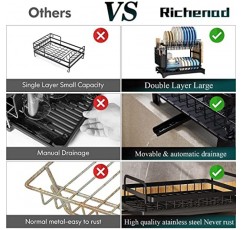 Richenad 대형 다기능 2층 주방 조리대 접시 여과기 및 필터 세트, 360° 회전 텔레스코픽 배수 디플렉터, 주방 카운터 컨테이너 보관을 위한 유용한 도우미(검은색)