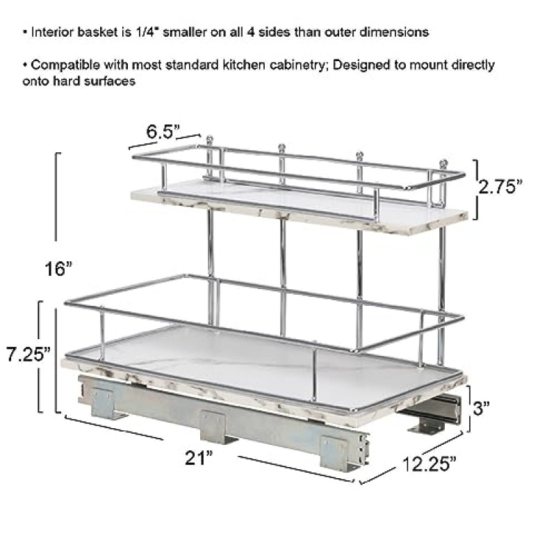 가정용 필수품 Glidez 크롬 도금 강철 및 인조 대리석 풀아웃/슬라이드아웃 수납 정리함(싱크대 또는 캐비닛 아래용) - 2단 디자인 - 표준 크기 캐비닛 또는 선반에 적합(흰색 및 크롬)