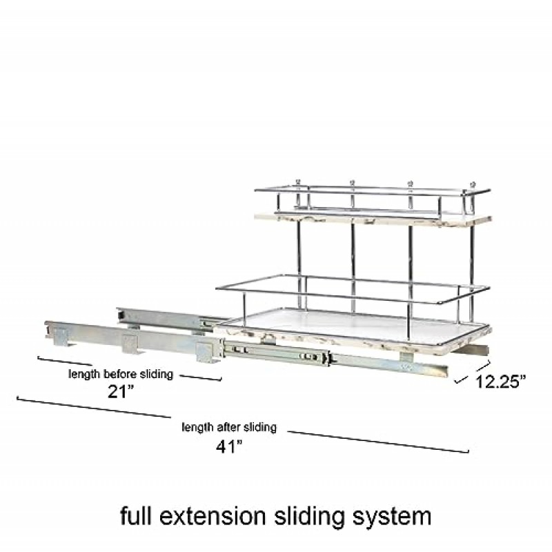가정용 필수품 Glidez 크롬 도금 강철 및 인조 대리석 풀아웃/슬라이드아웃 수납 정리함(싱크대 또는 캐비닛 아래용) - 2단 디자인 - 표준 크기 캐비닛 또는 선반에 적합(흰색 및 크롬)